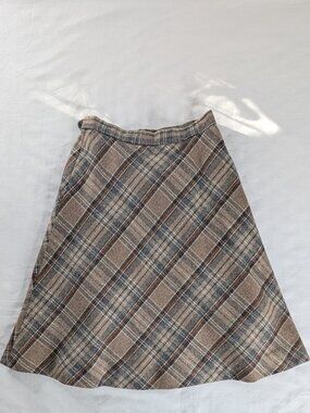 VTG Tan Brown Wool Plaid Lined A Line Dark Academia Midi Skirt 70s Side Pockets